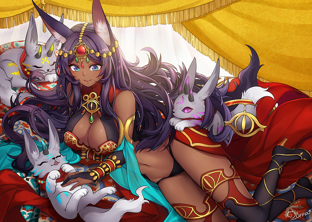 1girl, animal, animal_ears, blue_eyes, breasts, dark_skin, deanna_2, fate/grand_order, fate_(series), high_heels, hood, horns, large_breasts, long_hair, purple_hair, queen_of_sheba_(fate/grand_order), smile, thigh-highs