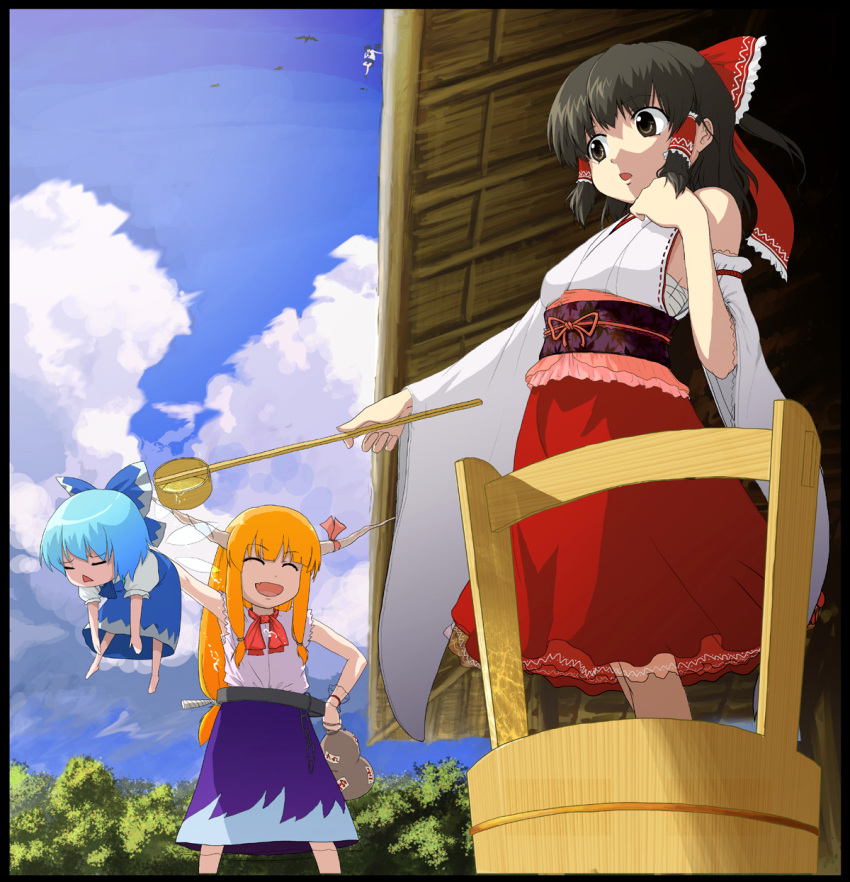 blue_hair, brown_hair, cirno, geta, hakurei_reimu, highres, horns, ibuki_suika