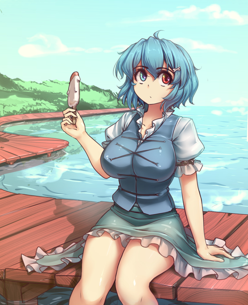 1girl, adapted_costume, ahoge, arm_support, bangs, blue_eyes, blue_hair, blue_skirt