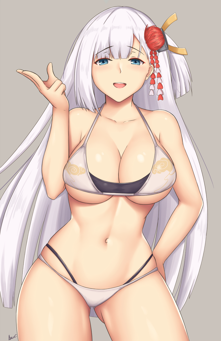 1girl, arciealbano, asymmetrical_hair, azur_lane, bangs, bare_shoulders, bikini, blue_eyes