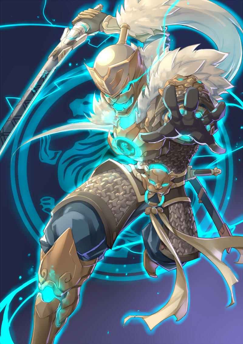 1boy, alternate_costume, armor, armored_boots, baihu_genji, blue_background, blue_eyes, boots, electricity, fur_trim, genji_(overwatch), glowing, glowing_eyes, helmet, katana, male_focus, mr-so, open_mouth, overwatch, solo, sword, weapon