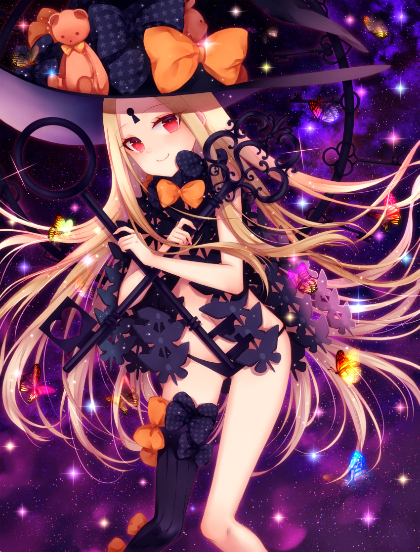 1girl, abigail_williams_(fate/grand_order), asymmetrical_legwear, bangs, black_bow, black_hat, black_legwear, black_panties