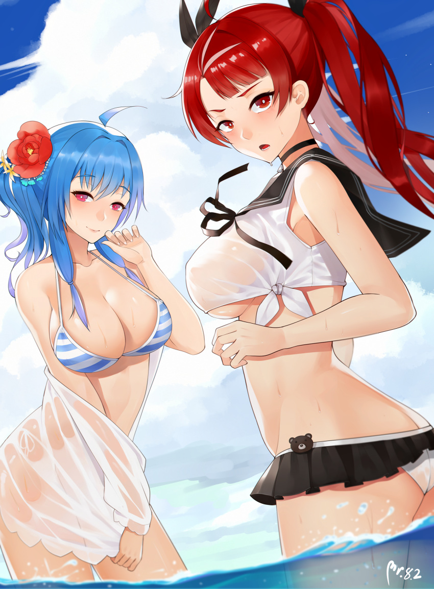 2girls, alternate_costume, azur_lane, bangs, bare_shoulders, black_ribbon, breasts, cleavage