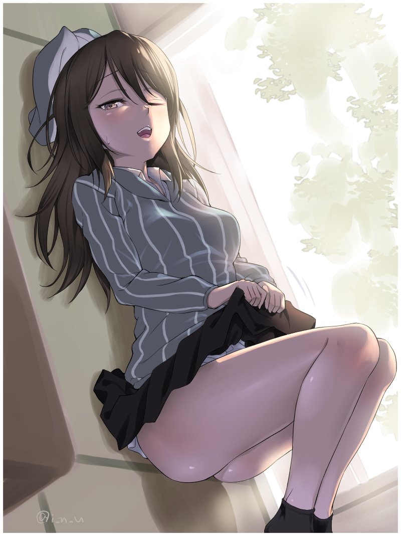 1girl, backlighting, bangs, black_legwear, black_skirt, blue_hat, blue_shirt, brown_eyes