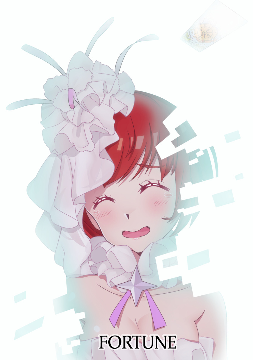 1girl, bare_shoulders, breasts, card, character_name, choker, cleavage, closed_eyes, commentary, dion_fortune, disintegration, dress, gazing_eye, hair_ornament, highres, open_mouth, purple_ribbon, redhead, ribbon, short_hair, smile, solo, spoilers, strapless, strapless_dress, tarot, tears, to_aru_majutsu_no_index, to_aru_majutsu_no_index:_new_testament, wheel_of_fortune_(tarot_card)