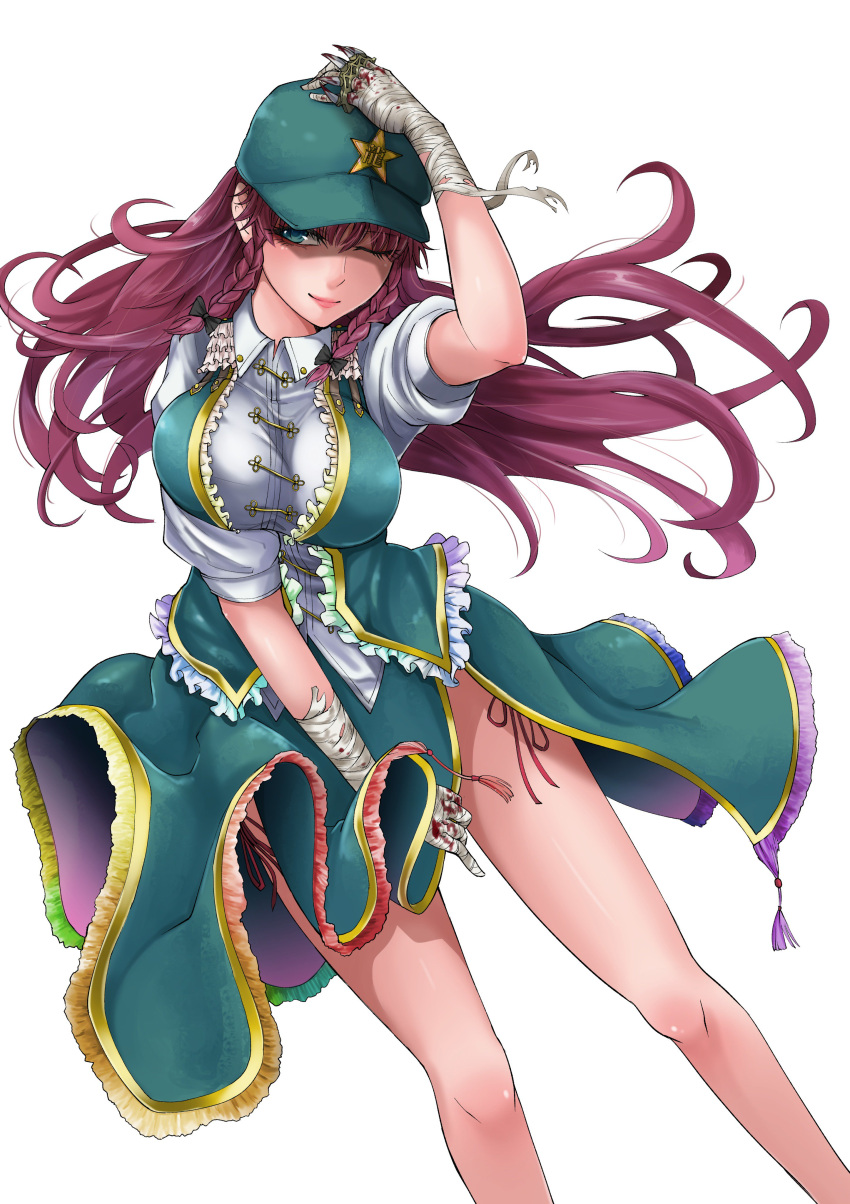 1girl, ;), absurdres, arm_up, bandage, bandaged_hands, bandages, bare_legs