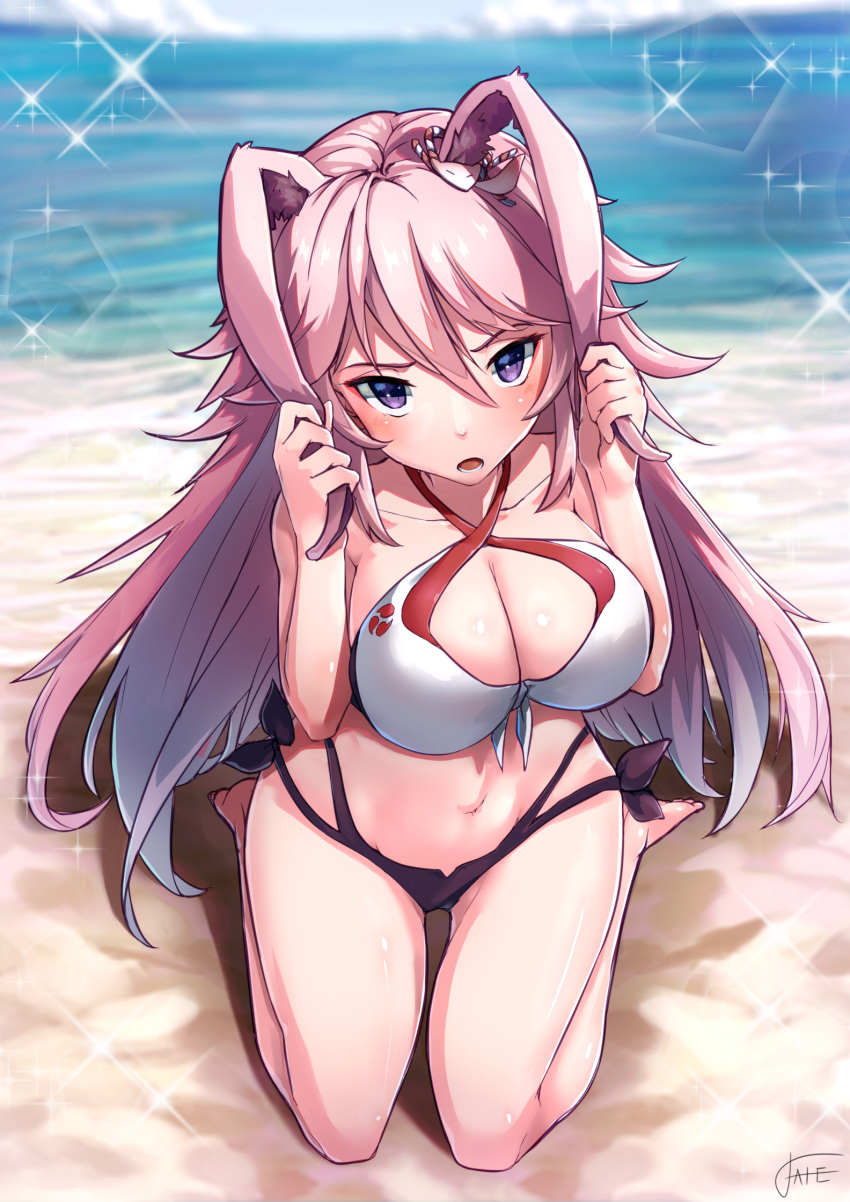 1girl, animal_ears, bangs, bare_legs, bare_shoulders, beach, benghuai_xueyuan, bikini