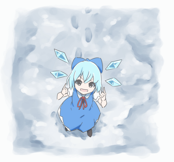 1girl, animated, animated_gif, arms_up, black_eyes, blue_bow, blue_dress, blue_hair, blue_wings, bow, brown_footwear, cirno, dress, from_above, hair_bow, ice, ice_wings, index_finger_raised, jumping, neck_ribbon, pantyhose, pi_(pnipippi), red_ribbon, ribbon, shirt, shoes, short_hair, solo, touhou, white_legwear, white_shirt, wings