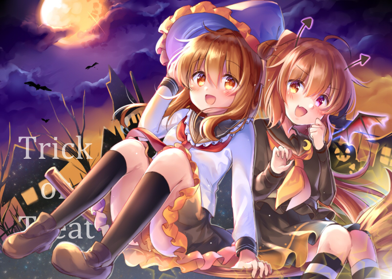 2girls, adapted_costume, anchor_symbol, bat, black_sailor_collar, black_serafuku, black_shirt, black_skirt