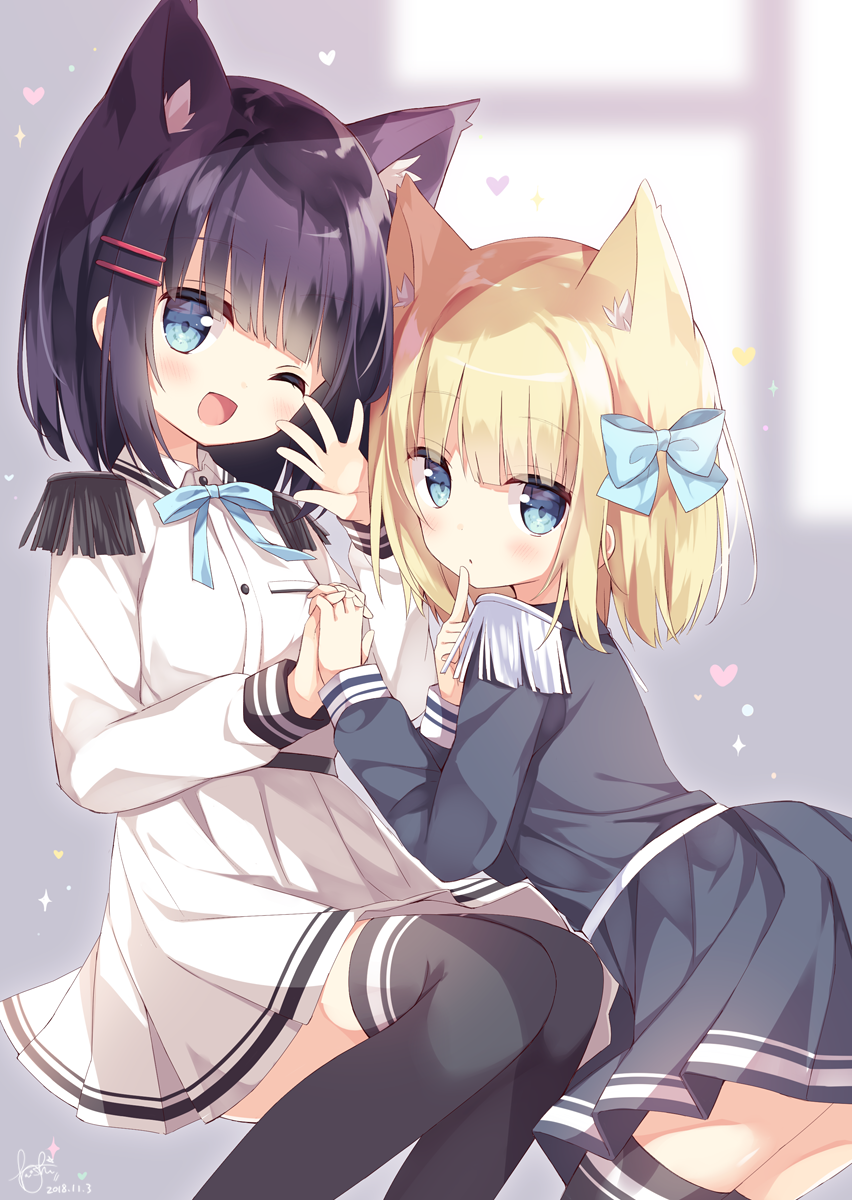 2girls, ;d, animal_ear_fluff, animal_ears, bangs, black_legwear, blonde_hair, blue_bow, blue_eyes, blush, bow, brown_hair, cat_ears, closed_mouth, commentary_request, epaulettes, eyebrows_visible_through_hair, grey_shirt, grey_skirt, hair_between_eyes, hair_bow, hair_ornament, hairclip, hand_up, head_tilt, highres, hoshi_(snacherubi), index_finger_raised, multiple_girls, one_eye_closed, open_mouth, pleated_skirt, rukiroki, sasugano_roki, sasugano_ruki, shirt, skirt, smile, thigh-highs, white_shirt, white_skirt