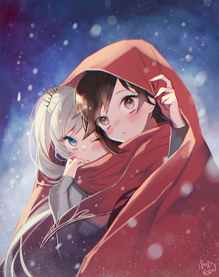 2girls, blue_eyes, blush, brown_eyes, brown_hair, cape, ecru, long_hair