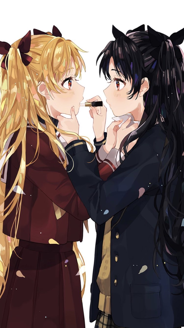 2girls, black_bow, black_hair, blonde_hair, blue_coat, bow, brown_eyes, brown_sweater