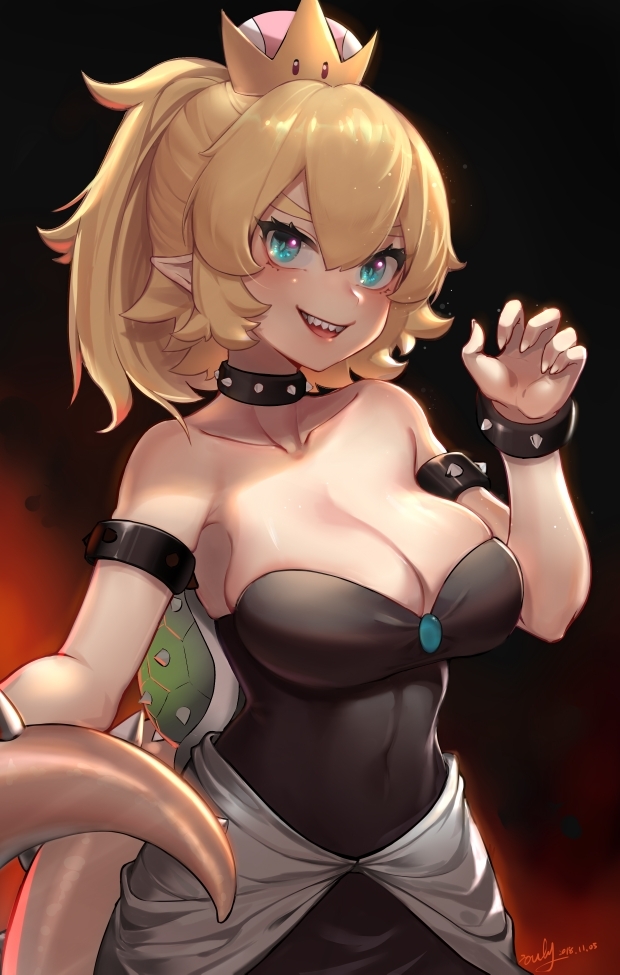 1girl, armlet, bare_shoulders, blonde_hair, blue_eyes, bowsette, breasts, cleavage