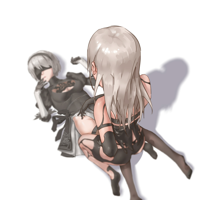 2girls, android, back, black_dress, black_gloves, black_hairband, blindfold, breasts, cleavage, cleavage_cutout, covered_eyes, dress, from_behind, gloves, hair_ornament, hairband, hand_to_own_mouth, highleg, highleg_leotard, highres, hong_jun, juliet_sleeves, leotard, long_hair, long_sleeves, looking_at_another, lying, medium_breasts, mole, mole_under_mouth, multiple_girls, nier_(series), nier_automata, on_back, parted_lips, puffy_sleeves, short_hair, silver_hair, simple_background, thigh-highs, white_leotard, yorha_no._2_type_b, yorha_type_a_no._2, yuri