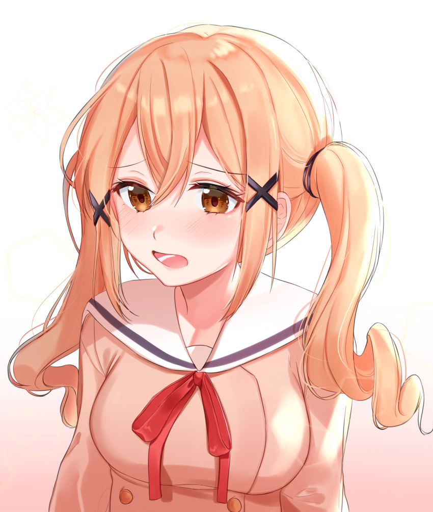 1girl, bang_dream!, bangs, blonde_hair, blush, brown_eyes, crossed_bangs, double-breasted, hair_ornament, hair_tie, hanasakigawa_school_uniform, highres, ichigaya_arisa, kayo_(skc08049), long_hair, long_sleeves, neck_ribbon, open_mouth, red_neckwear, ribbon, sailor_collar, solo, twintails, upper_body, white_sailor_collar, x_hair_ornament