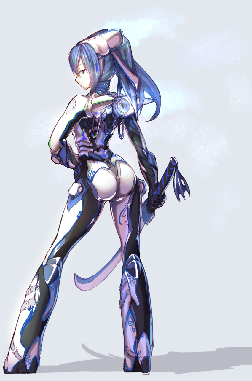 1girl, back, blue_eyes, blue_hair, bodysuit, closed_mouth, eyebrows_visible_through_hair, full_body