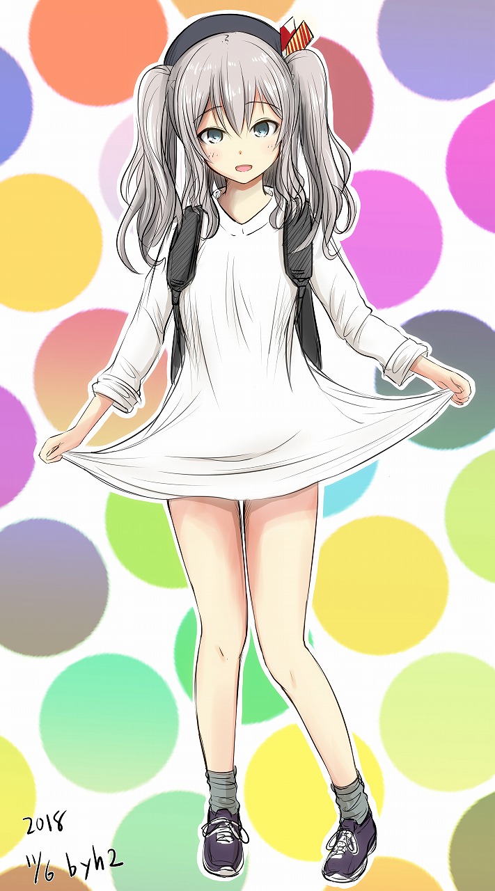 1girl, :d, alternate_costume, artist_name, backpack, bag, bangs, bare_legs, beret, black_hat, black_legwear, blue_eyes, blush, dated, dress, eyebrows_visible_through_hair, full_body, h2_(h20000000), hat, highres, kantai_collection, kashima_(kantai_collection), long_hair, long_sleeves, looking_at_viewer, multicolored, multicolored_background, open_mouth, purple_footwear, shoes, skirt_hold, sleeves_folded_up, smile, sneakers, socks, solo, standing, two_side_up, wavy_hair, white_dress