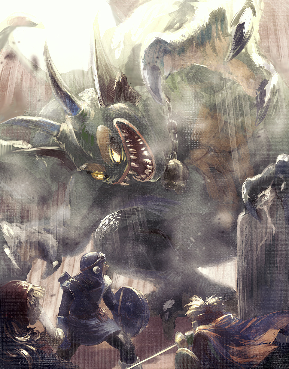 1girl, 2boys, battle, blonde_hair, breasts, cape, commentary_request, dragon_quest