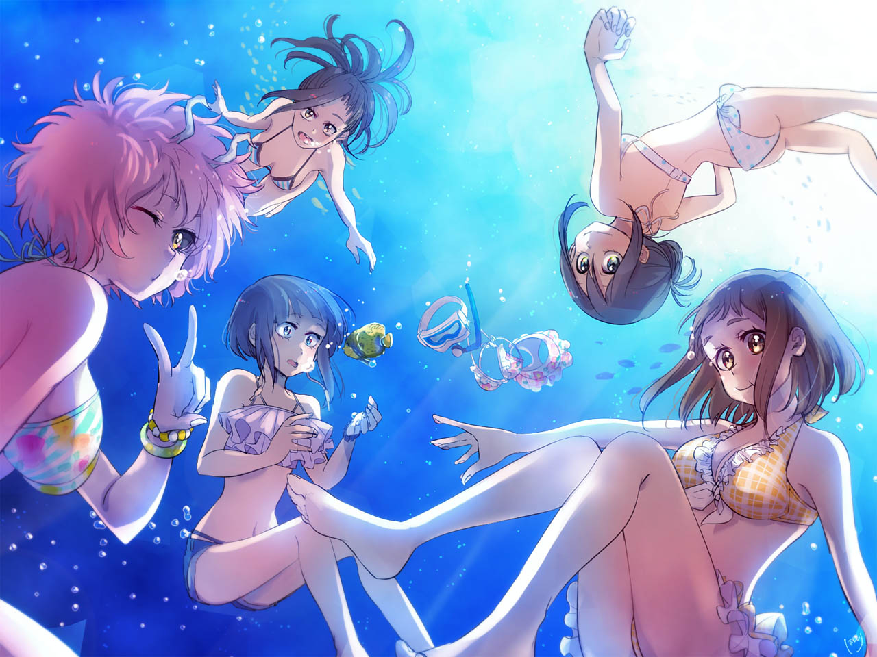6+girls, ashido_mina, asui_tsuyu, black_hair, blue_eyes, boku_no_hero_academia, bracelet, brown_hair