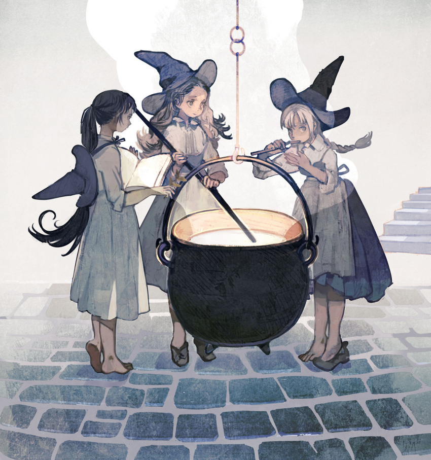3girls, apron, barefoot, black_dress, black_footwear, black_hair, blonde_hair, book, braid, brown_hair, cauldron, collared_shirt, dress, hat, hat_removed, headwear_removed, highres, holding, holding_book, holding_leaf, holding_spoon, leaf, long_dress, long_hair, long_sleeves, looking_at_viewer, looking_away, multiple_girls, muted_color, open_book, original, pinafore_dress, ponytail, profile, rt0no, shirt, shoes, single_braid, single_shoe, sleeves_folded_up, spoon, standing, tasting, very_long_hair, waist_apron, white_dress, white_shirt, witch, witch_hat
