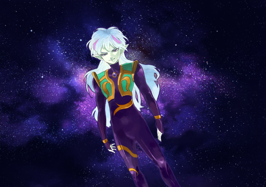 1boy, ail_(sailor_moon), belt, bishoujo_senshi_sailor_moon, blue_hair, bodysuit, green_skin, long_hair, male_focus, mero_(meromasa), multicolored_hair, night, night_sky, pink_hair, pointy_ears, sky, solo, star_(sky), two-tone_hair, violet_eyes