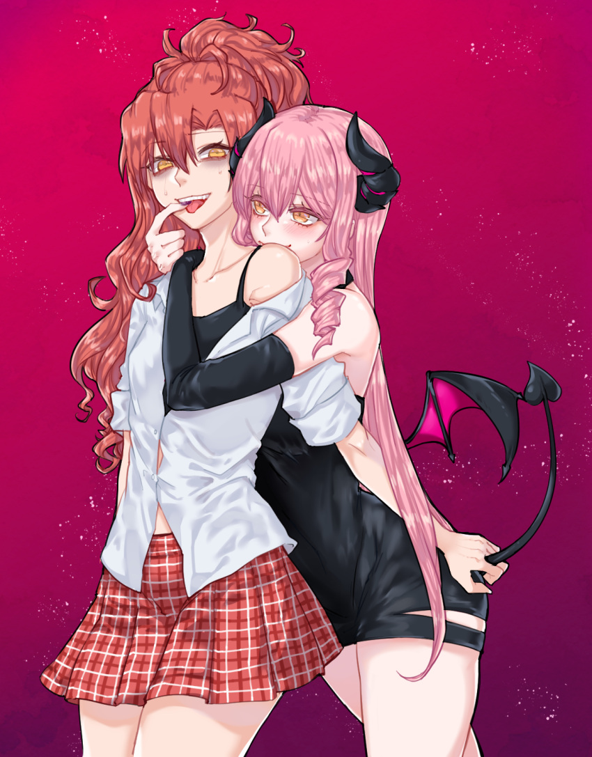 2girls, aaaaddddd, akuma_no_riddle, bags_under_eyes, black_gloves, demon_girl, demon_horns, demon_tail
