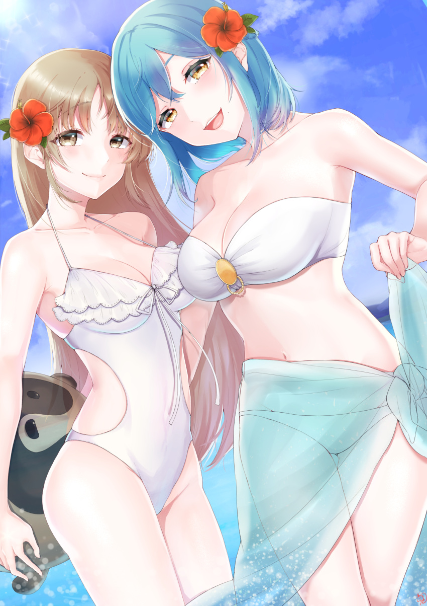 2girls, :d, absurdres, aqua_sarong, bare_legs, bare_shoulders, bikini, blush
