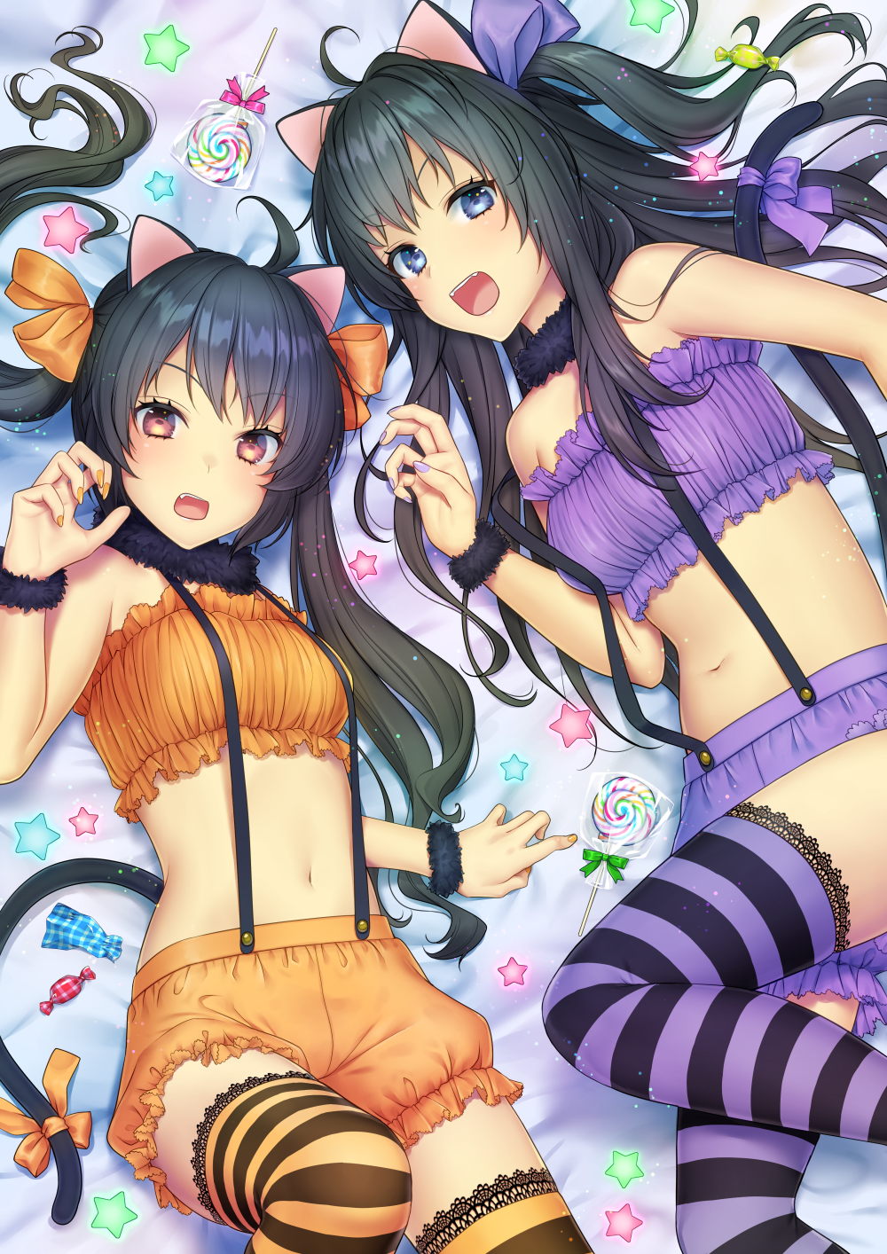 2girls, animal_ears, bangs, bare_shoulders, bed_sheet, black_hair, bloomers, blue_eyes
