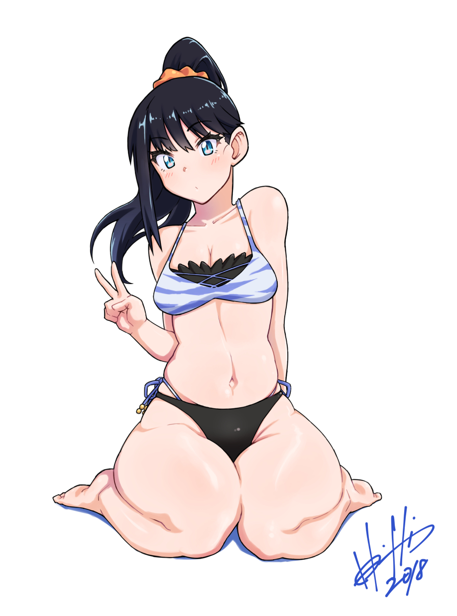 1girl, animal_print, bikini, black_bikini_bottom, black_hair, blue_eyes, breasts, hair_ornament