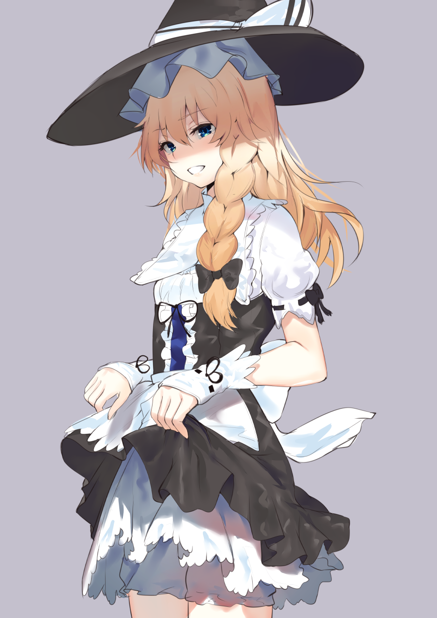 1girl, apron, asuzemu, bangs, black_bow, black_dress, black_hat, black_ribbon, blonde_hair, bloomers, blue_eyes, blush, bow, braid, center_frills, commentary_request, cowboy_shot, dress, eyebrows_visible_through_hair, grey_background, grin, hair_between_eyes, hair_bow, hat, hat_bow, highres, kirisame_marisa, long_hair, looking_at_viewer, petticoat, puffy_short_sleeves, puffy_sleeves, ribbon, shirt, short_sleeves, simple_background, single_braid, skirt_hold, smile, solo, standing, touhou, underwear, waist_apron, white_apron, white_bloomers, white_bow, white_shirt, wrist_cuffs
