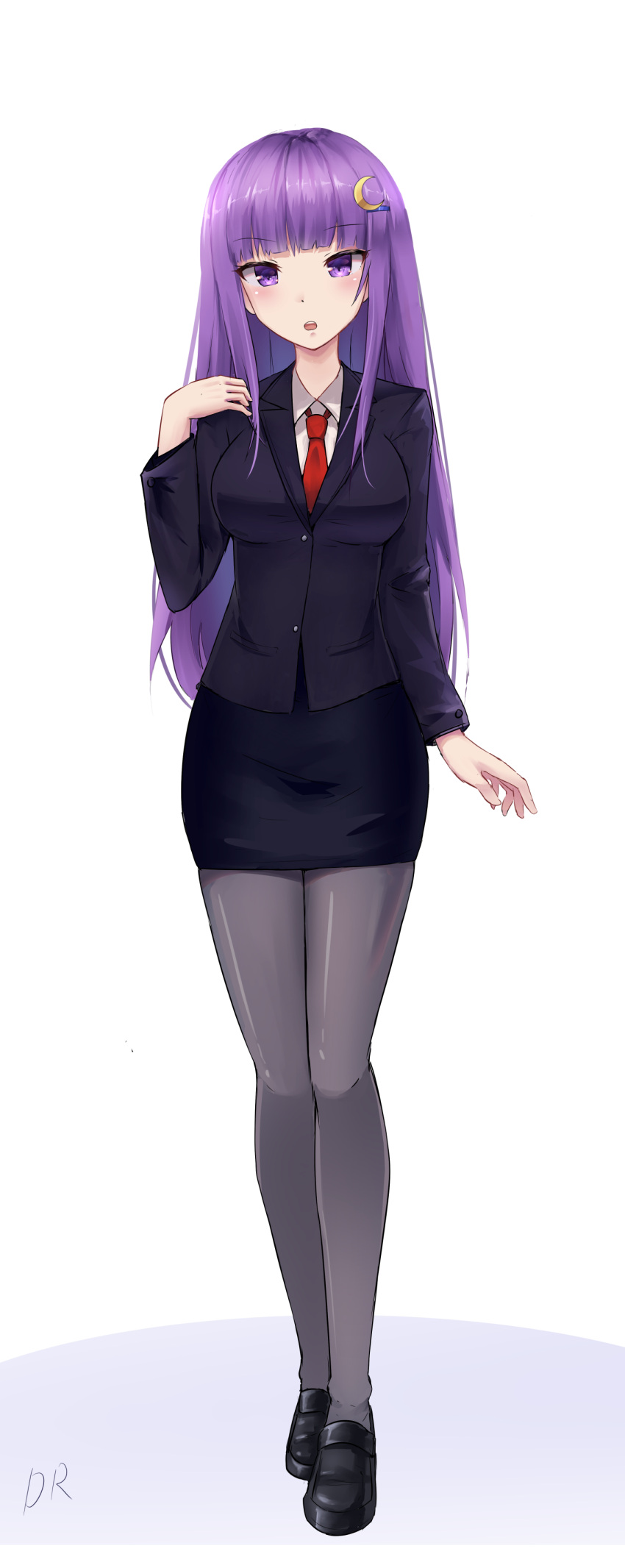 1girl, absurdres, alternate_costume, black_footwear, black_legwear, blush, breasts, collar, cosplay, danraz0r, eyebrows_visible_through_hair, full_body, highres, long_hair, looking_at_viewer, medium_breasts, necktie, open_mouth, patchouli_knowledge, purple_hair, red_neckwear, reisen_udongein_inaba, reisen_udongein_inaba_(cosplay), school_uniform, shadow, shoes, simple_background, solo, touhou, very_long_hair, violet_eyes, white_background