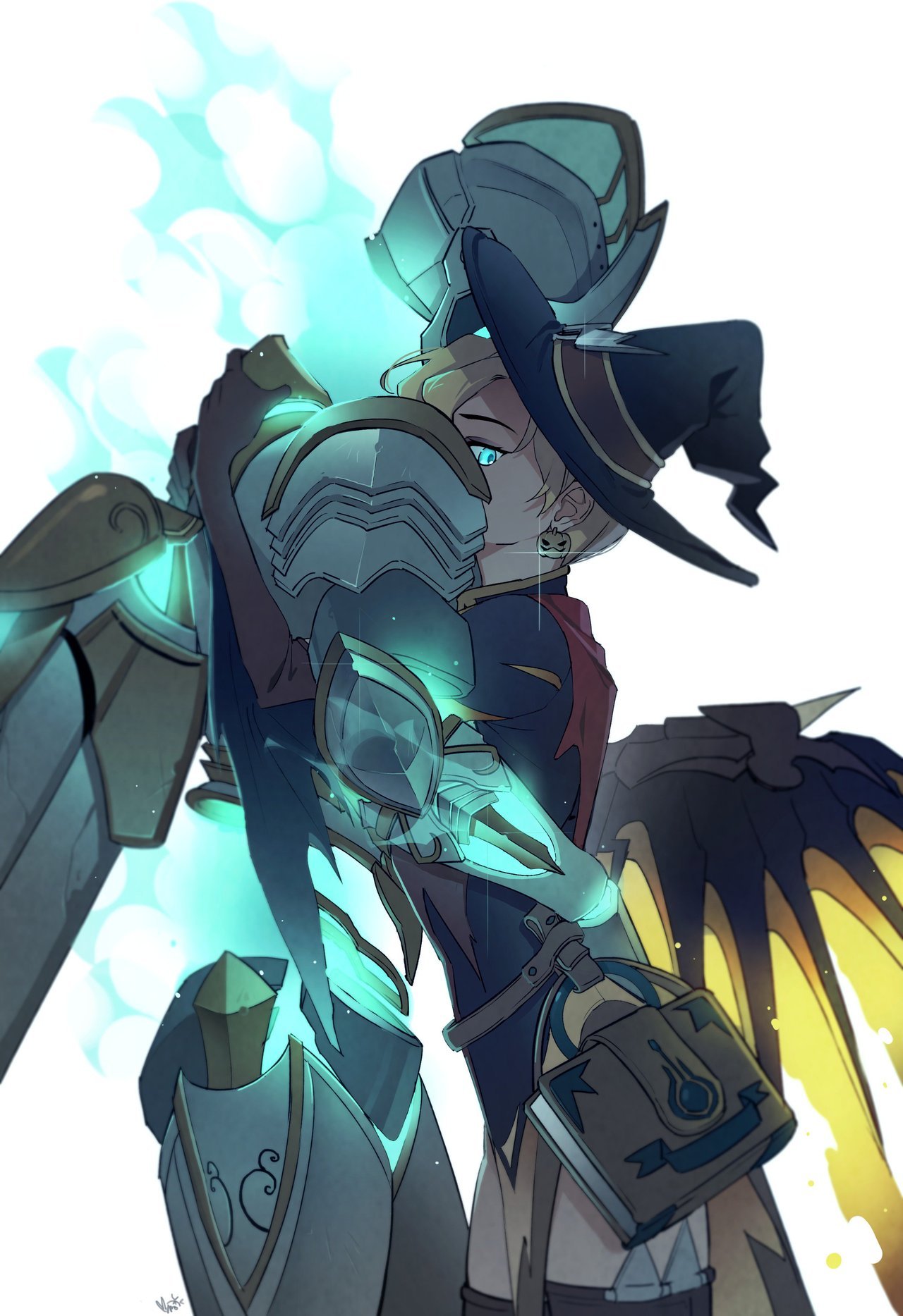 2girls, alternate_costume, armor, aura, blonde_hair, blue_eyes, blue_fire, commentary