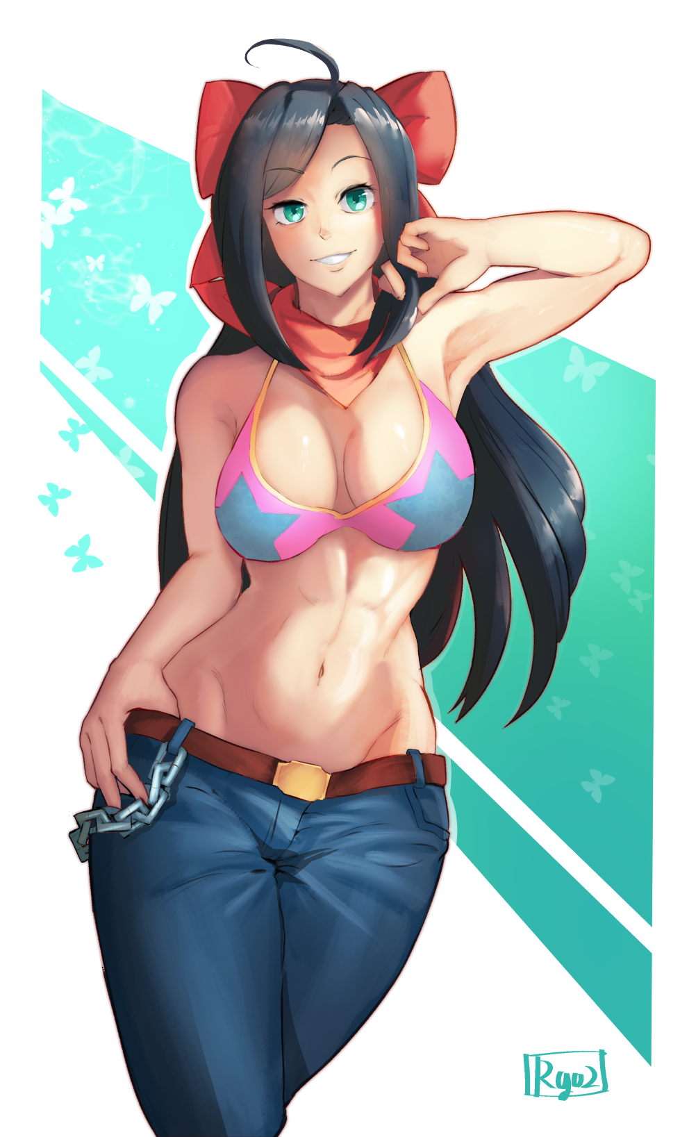 1girl, ahoge, armpits, bangs, belt, bikini_top, black_hair, bow