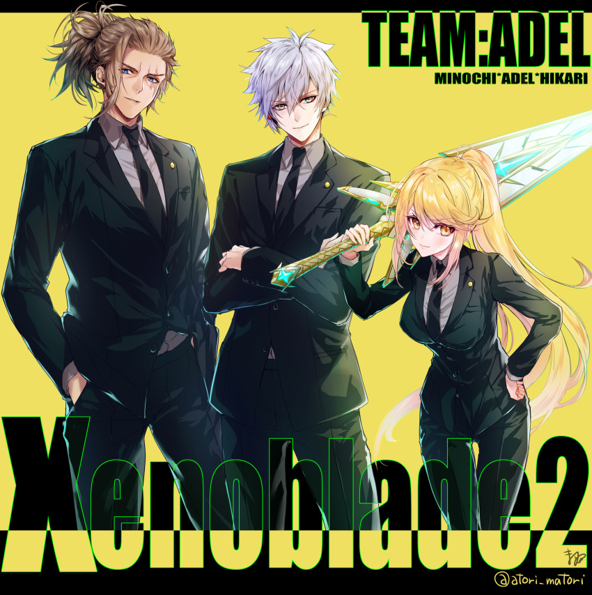 >:), 1girl, 2boys, adel_orudou, alternate_costume, armor, bangs, black_jacket, black_pants, blonde_hair, blue_eyes, breasts, brown_hair, character_name, collared_shirt, commentary_request, crossed_arms, eyebrows_visible_through_hair, formal, grey_shirt, hair_between_eyes, hands_in_pockets, head_tilt, highres, mythra_(xenoblade), holding, holding_sword, holding_weapon, jacket, leaning_forward, long_hair, long_sleeves, looking_at_viewer, matori_(user_xrdk3278), milt_(xenoblade_2), multiple_boys, necktie, nintendo, open_mouth, over_shoulder, pants, parted_lips, pom_pom_(clothes), scar, scar_across_eye, shirt, short_hair, sidelocks, signature, simple_background, smile, suit, swept_bangs, sword, sword_over_shoulder, thigh_gap, weapon, weapon_over_shoulder, white_hair, wing_collar, xenoblade_(series), xenoblade_2, xenoblade_2:_ogon_no_kuri_ira, yellow_background, yellow_eyes
