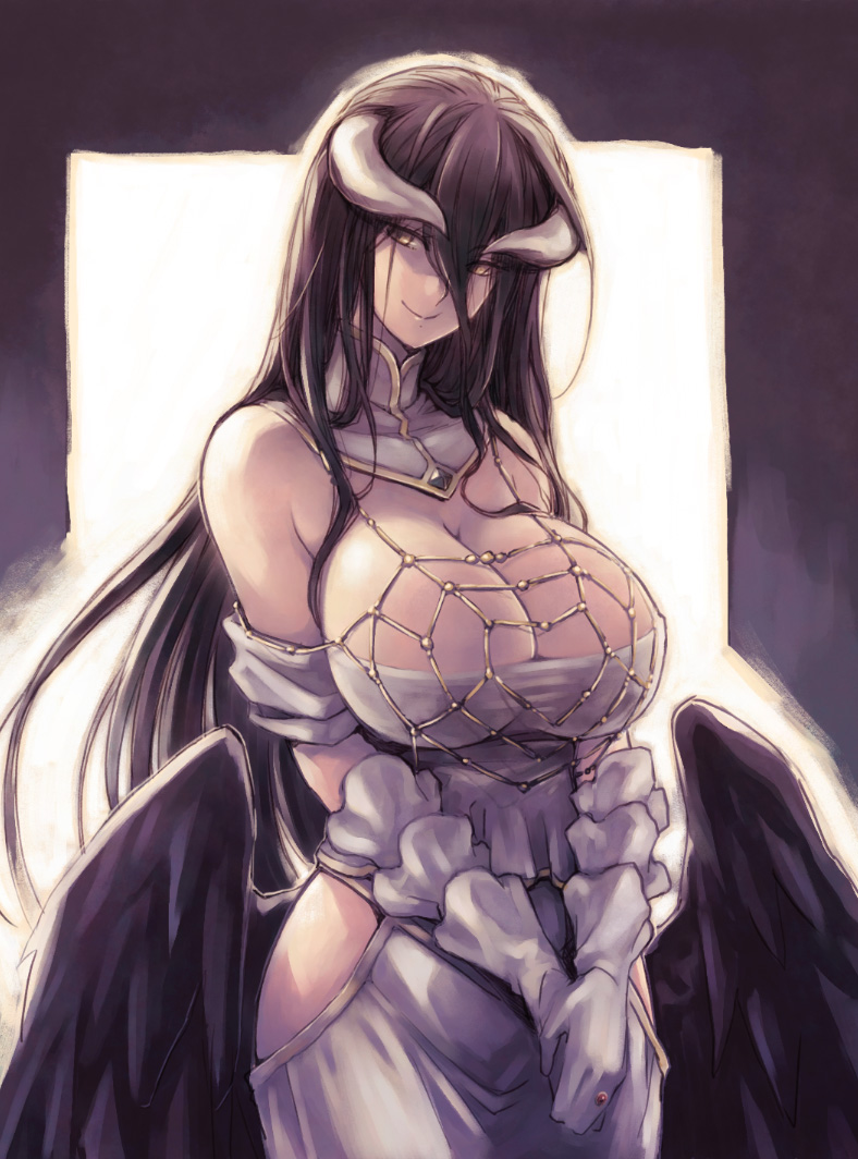 1girl, albedo, bare_shoulders, black_feathers, black_hair, black_wings, breasts, cleavage, closed_mouth, commentary, demon_girl, demon_horns, demon_wings, detached_collar, dress, feathered_wings, feathers, gloves, hair_between_eyes, hands_together, hip_vent, hips, horns, jewelry, large_breasts, looking_at_viewer, low_wings, necklace, overlord_(maruyama), slit_pupils, smile, standing, user_xgpy8228, white_dress, white_gloves, wings, yellow_eyes