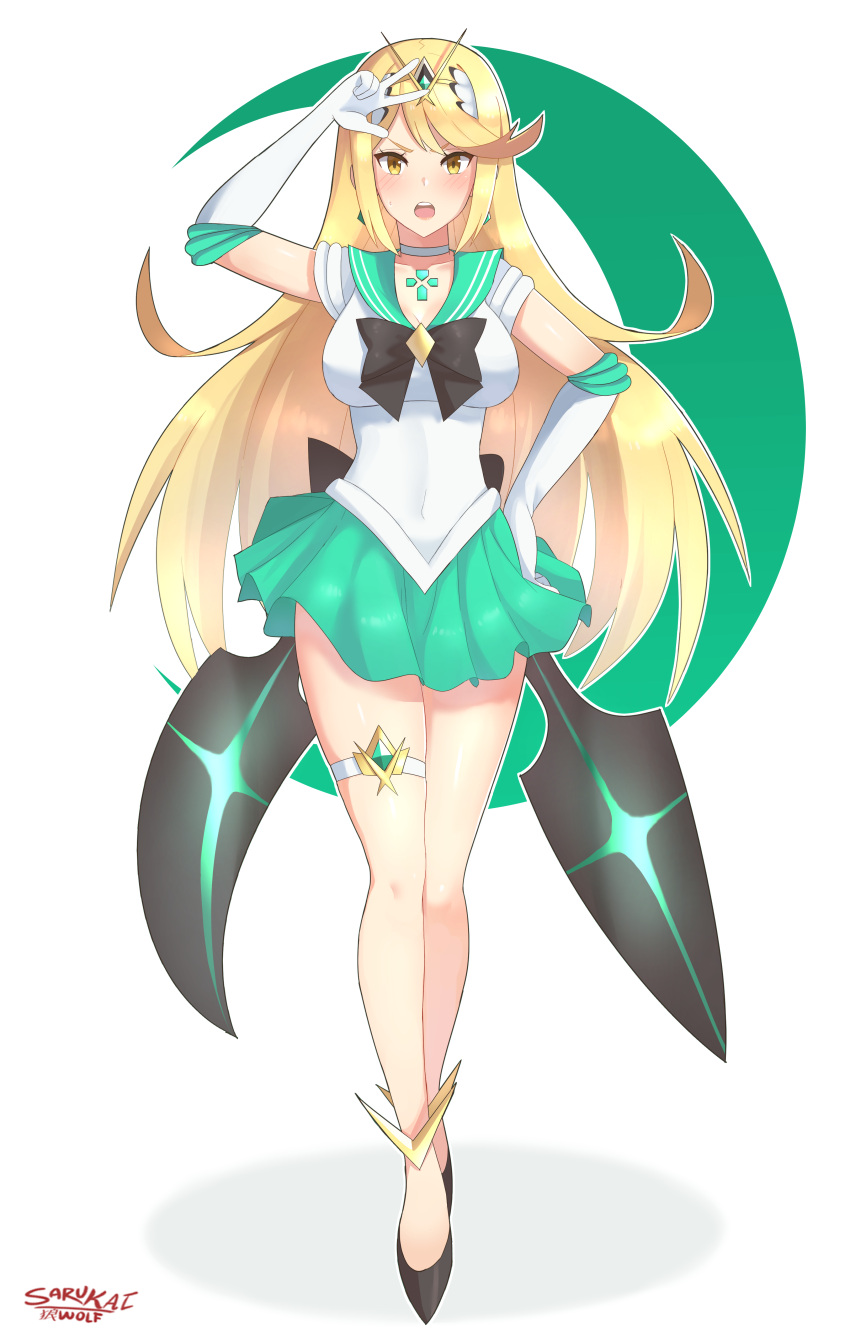 1girl, absurdres, angry, anklet, arm_up, bare_legs, bishoujo_senshi_sailor_moon, black_footwear, black_neckwear, black_ribbon, blonde_hair, blush, bow, bowtie, breasts, choker, circlet, commentary, cosplay, crescent, d-pad, earrings, elbow_gloves, emerald, english_commentary, full_body, gem, gloves, gold_trim, green, green_choker, green_sailor_collar, green_skirt, hair_spread_out, hand_on_hip, high_heels, highres, mythra_(xenoblade), jewelry, large_breasts, legs, long_hair, long_legs, looking_at_viewer, magical_girl, miniskirt, neon_trim, nintendo, open_mouth, pleated_skirt, ribbon, sailor_collar, sailor_senshi_costume, sailor_senshi_uniform, sarukaiwolf, serious, skirt, solo, thighlet, tsuki_ni_kawatte_oshioki_yo, v-shaped_eyebrows, very_long_hair, w, w_over_eye, white_background, white_gloves, xenoblade_(series), xenoblade_2, yellow_eyes