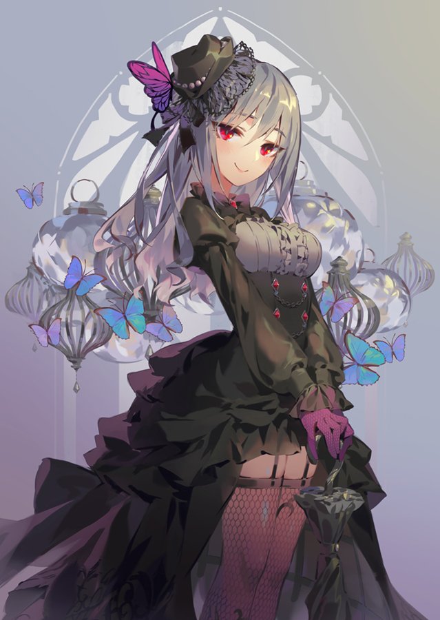 black_hat, black_legwear, black_robe, black_umbrella, bug, butterfly, choker, gem