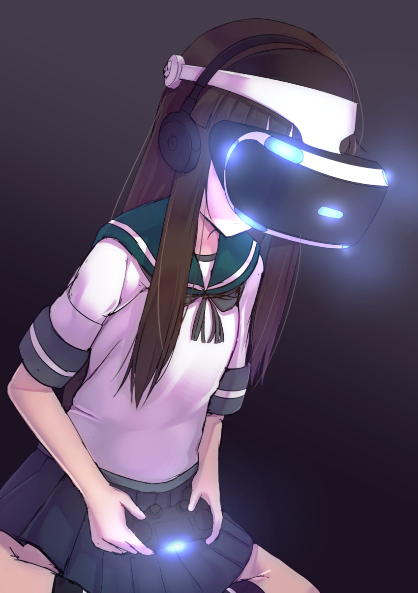 1girl, bangs, black_background, blue_skirt, blunt_bangs, brown_hair, collared_shirt, controller