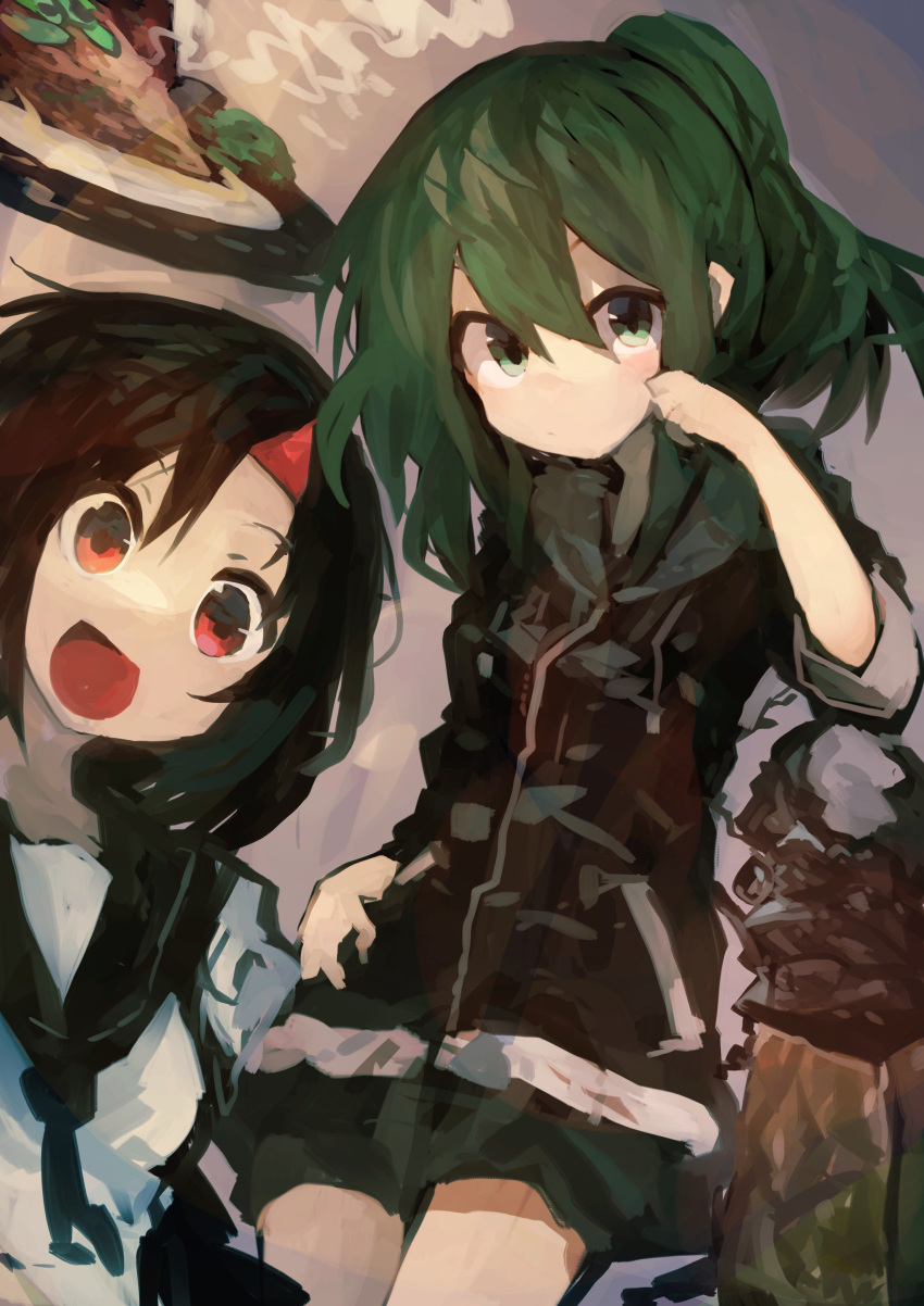 2girls, absurdres, black_hair, commentary_request, green_eyes, green_hair, hair_ornament, hairclip, highres, igarashi_futaba_(shiromanta), kaamin_(mariarose753), katou-chan_(shiromanta), looking_at_viewer, medium_hair, multiple_girls, open_mouth, original, ponytail, red_eyes, school_uniform, senpai_ga_uzai_kouhai_no_hanashi, short_hair, smile