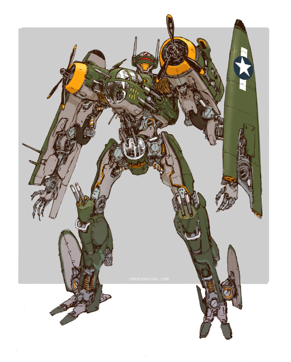 autobot, b-25_mitchell, commentary, emerson_tung, english_commentary, gun, highres, jetfire, machine_gun, machinery, mecha, propeller, radio_antenna, redesign, robot, roundel, science_fiction, signature, transformers, turret, weapon