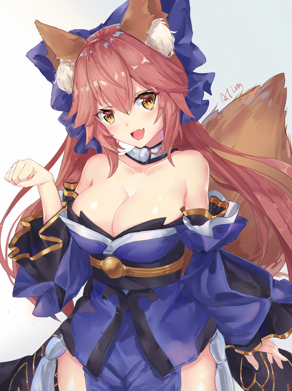1girl, animal_ear_fluff, animal_ears, bare_shoulders, blue_ribbon, blush, breasts, cleavage