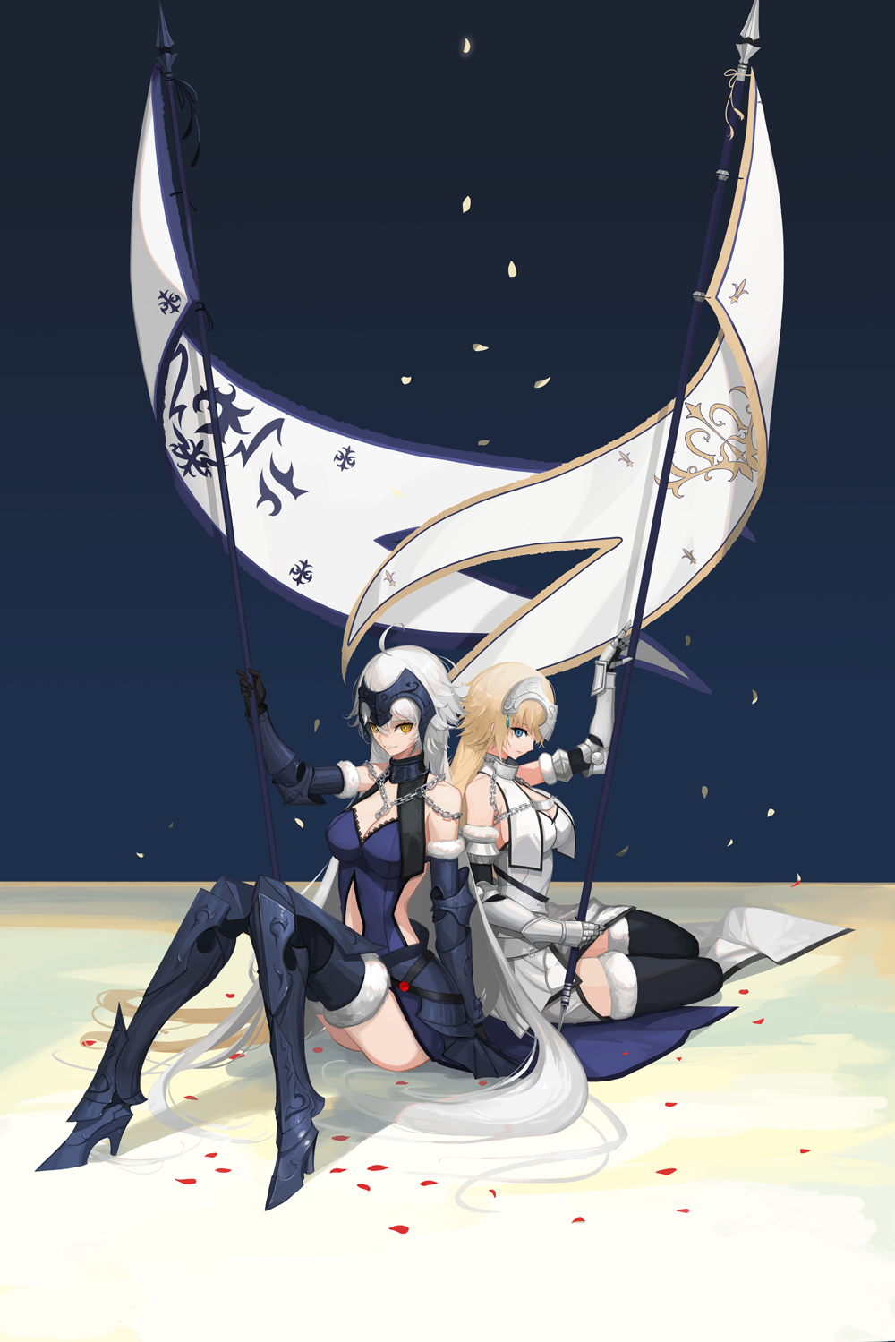 2girls, akai2930, armored_boots, back-to-back, banner, blonde_hair, blue_eyes, boots