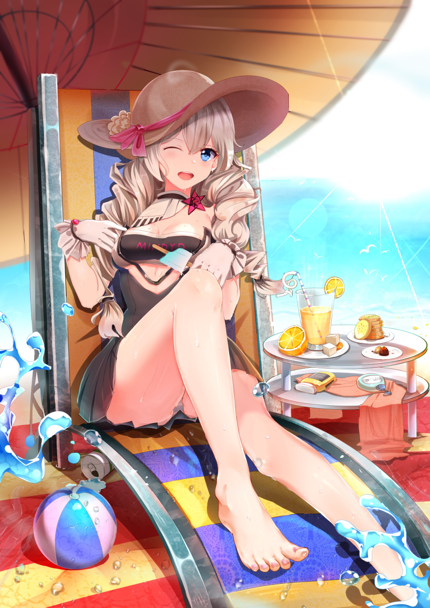 1girl, absurdres, adjusting_clothes, alternate_costume, ball, bangs, bare_legs, bare_shoulders, beach, beach_mat, beach_umbrella, beachball, bird, blonde_hair, blue_eyes, blue_sky, blush, braid, breasts, can, chair, chun_ni_(pixiv_25187426), cleavage, clouds, cup, day, dirnking_straw, dress, food, fruit, gloves, hair_between_eyes, hair_ornament, hairband, hat, highres, holding, holding_food, honkai_impact, juice, kiana_kaslana, lemon, lemon_slice, long_hair, looking_at_viewer, lotion, lounge_chair, medium_breasts, mihoyo_technology_(shanghai)_co._ltd., nail_polish, ocean, one_eye_closed, open_mouth, outdoors, panties, pantyshot, pink_nails, popsicle, sand, sky, smile, solo, spill, splashing, sun, sun_hat, sunlight, sunscreen, table, towel, twin_braids, umbrella, underboob_cutout, underwear, very_long_hair, water_drop, wet