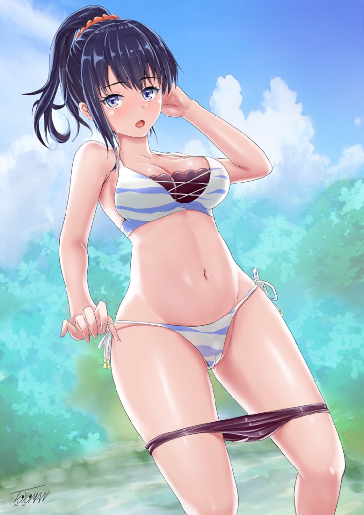1girl, animal_print, artist_name, bikini, bikini_pull, black_hair, blue_eyes, blue_sky, breasts, bush, cleavage, clouds, day, feet_out_of_frame, hair_ornament, hair_scrunchie, long_hair, looking_at_viewer, medium_breasts, nanako_(1475647493), navel, orange_scrunchie, outdoors, ponytail, scrunchie, side-tie_bikini, sky, solo, ssss.gridman, standing, swimsuit, takarada_rikka, tiger_print