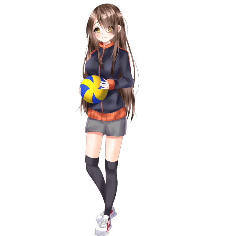 1girl, ball, bangs, black_jacket, black_legwear, blush, breasts, brown_eyes