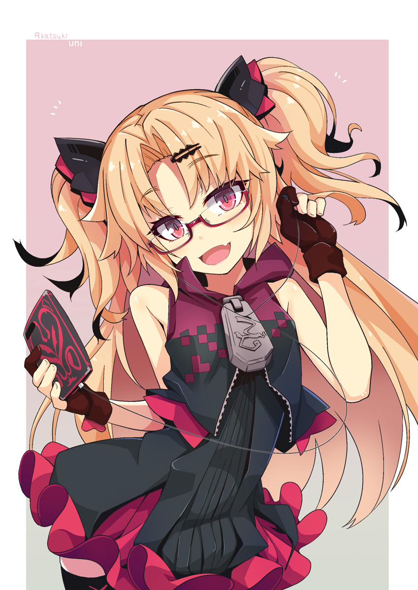 1girl, :d, akatsuki_yuni, bangs, bare_shoulders, black_dress, black_legwear, blonde_hair