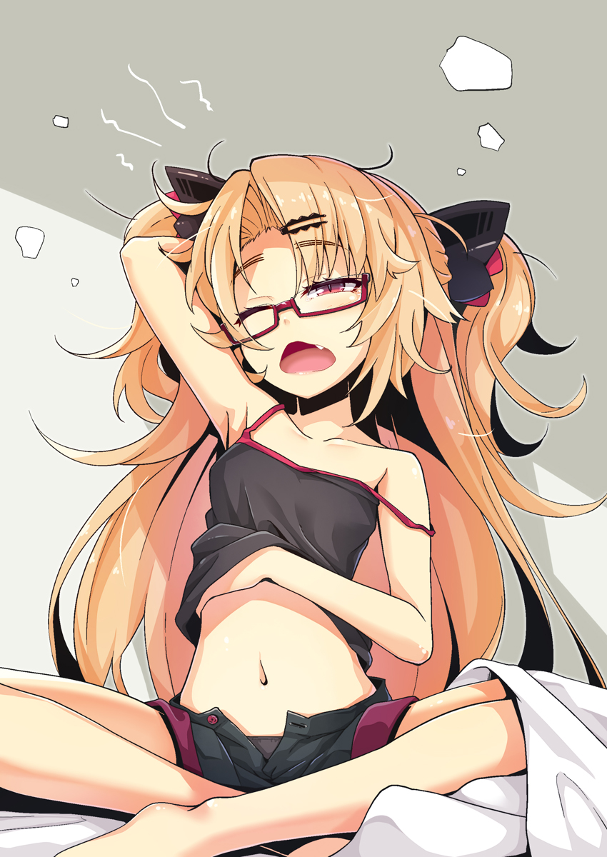1girl, akatsuki_yuni, arm_up, bangs, bare_arms, bare_legs, bare_shoulders, barefoot, bed_sheet, black_camisole, black_panties, black_shorts, blonde_hair, blush, camisole, collarbone, crossed_ankles, eyebrows_visible_through_hair, fang, glasses, hair_ornament, hairclip, half-closed_eye, highres, long_hair, navel, ogami_kazuki, one_eye_closed, open_clothes, open_fly, open_shorts, panties, parted_bangs, red_eyes, short_shorts, shorts, sitting, solo, strap_slip, two_side_up, underwear, uni_channel, very_long_hair, virtual_youtuber, waking_up, yawning