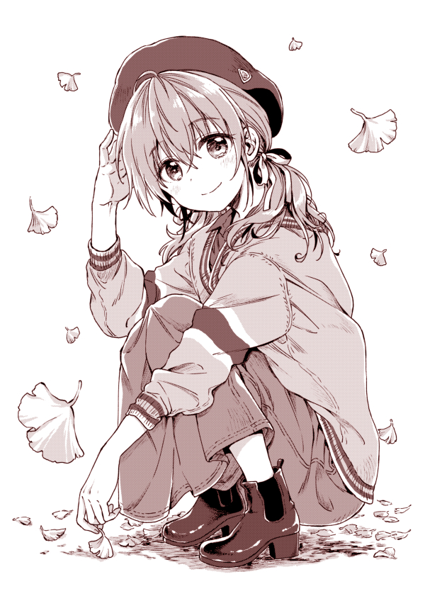 1girl, blush, casual, closed_mouth, female, from_side, fukakai_na_boku_no_subete_wo, hair_ribbon, hand_on_own_head, konayama_kata, leaf, long_skirt, looking_at_viewer, low_twintails, ribbon, shoes, skirt, smile, solo, squatting, sweater, tatebayashi_akira, twintails