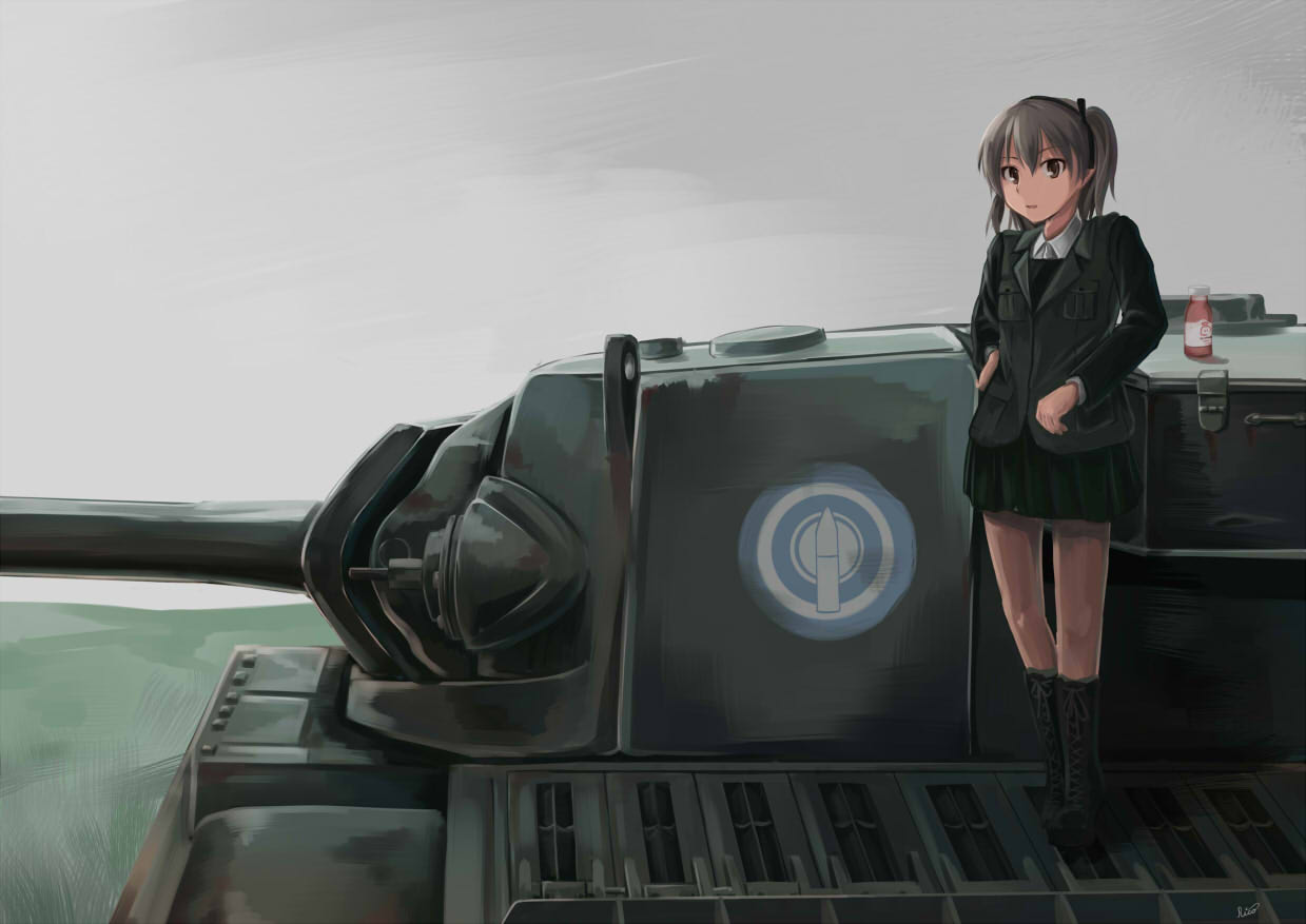 1girl, bottle, brown_eyes, centurion_(tank), clouds, cloudy_sky, day, emblem