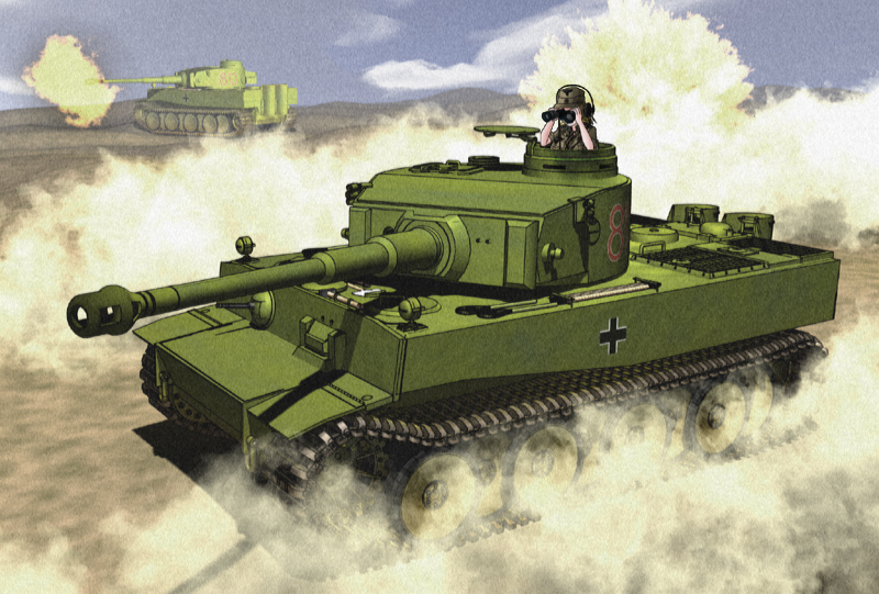 1girl, afrika_korps, caterpillar_tracks, clouds, day, desert, dust, ground_vehicle